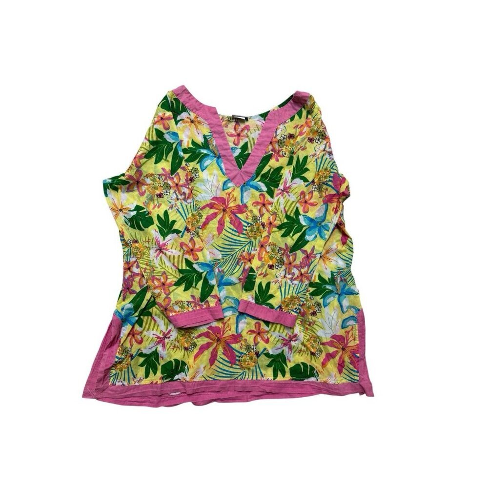 All For Color Tropical Floral Tunic Top Yellow Pink Cotton L XL - Picture 2 of 5